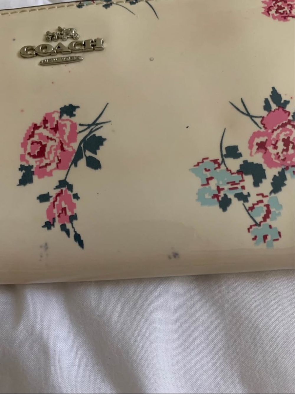 Coach Cream Floral Patent Cosmetic Case with Pink and Blue Accents